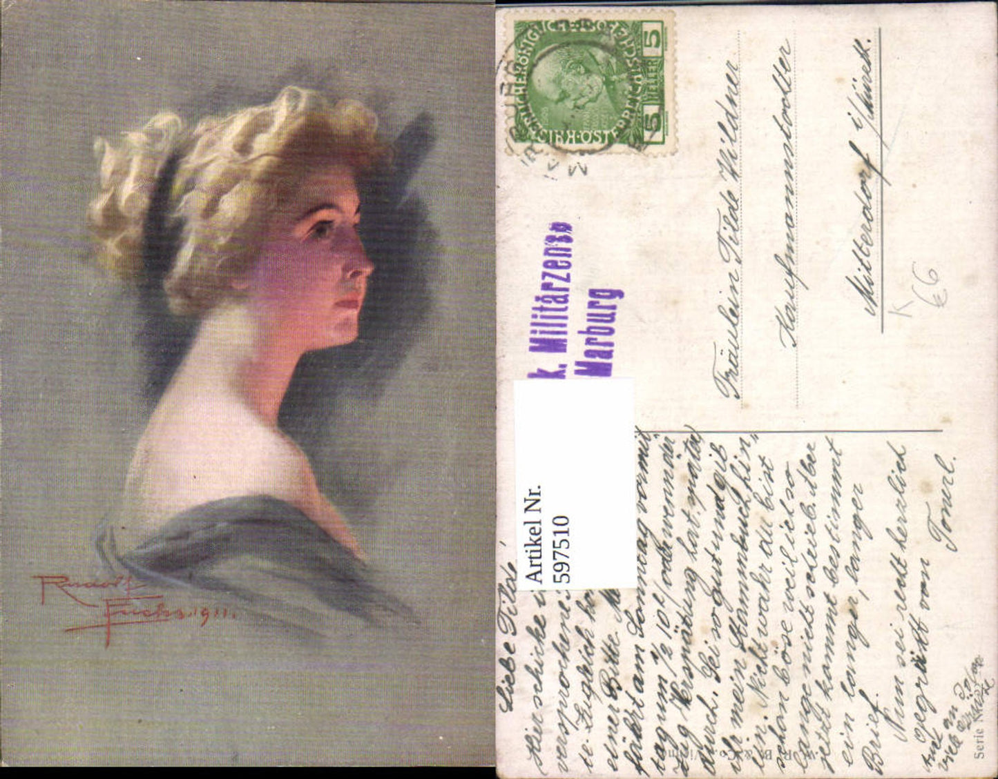 597510,Künstler Ak Rudolf Fuchs Frau Portrait