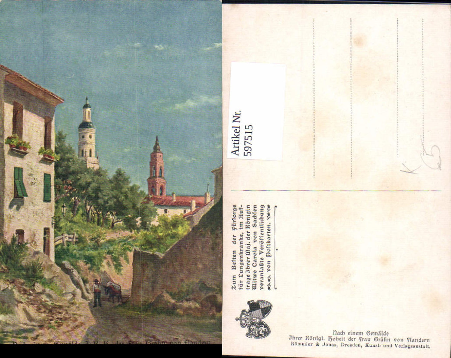 597515,Künstler Ak J. K. H. Frau Gräfin v. Flandern Bauer m. Esel Dorf Kirche