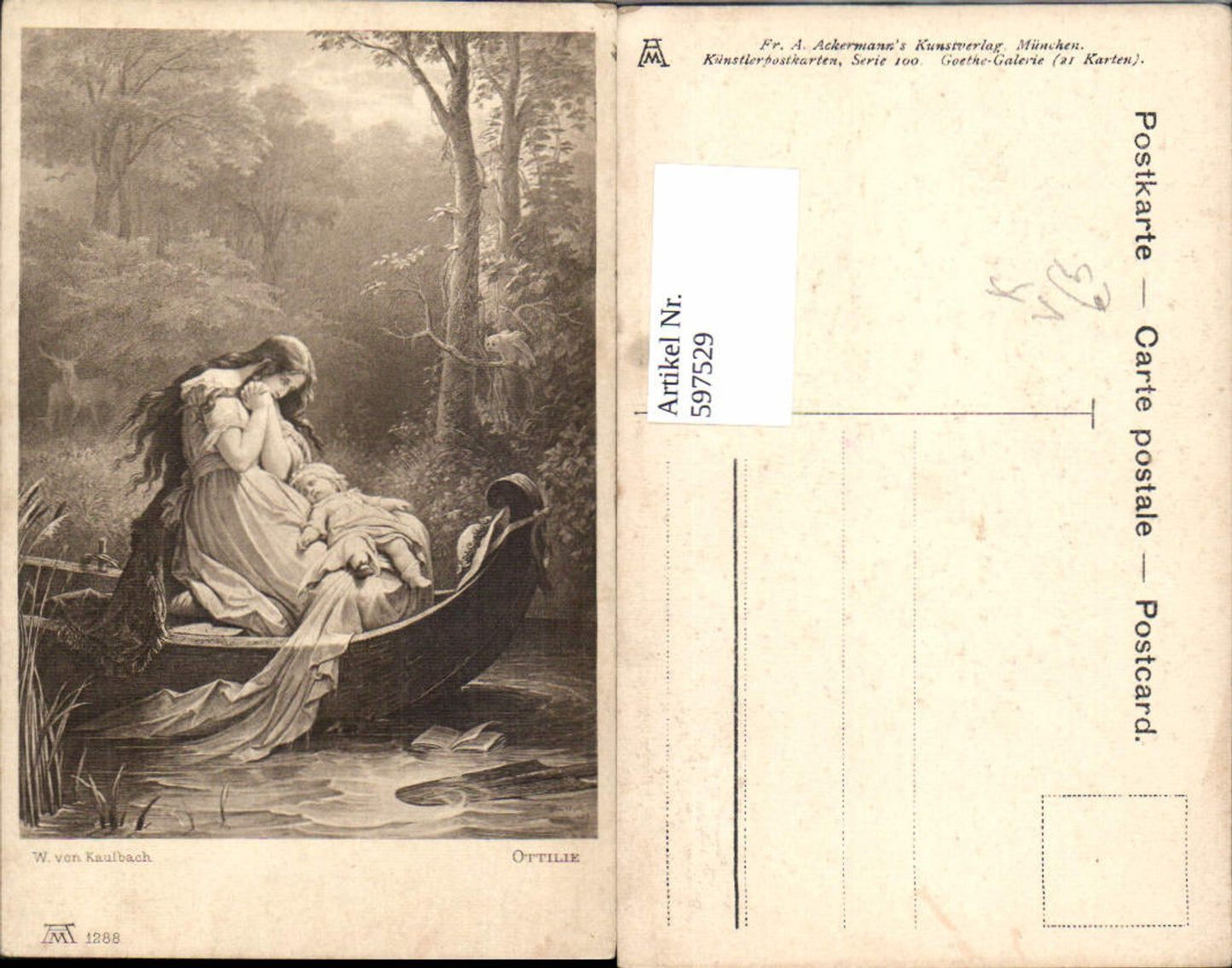 597529,Künstler Ak W. Von Kaulbach Ottilie Frau Kind Boot pub F. A. Ackermann 100/1288