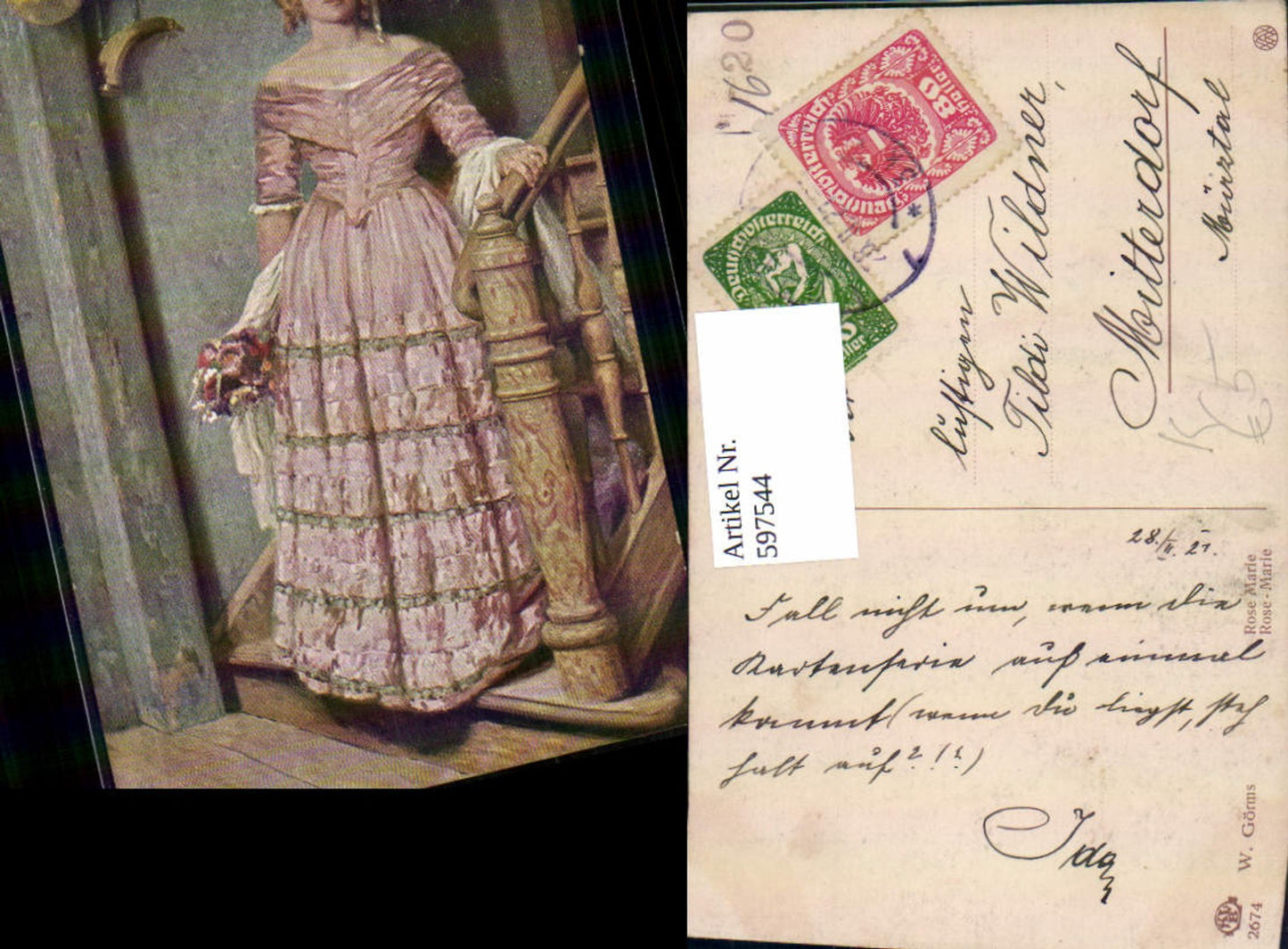 597544, Artist Ak W. Görms Rose Marie Rose-Marie Woman with bouquet of flowers Dress