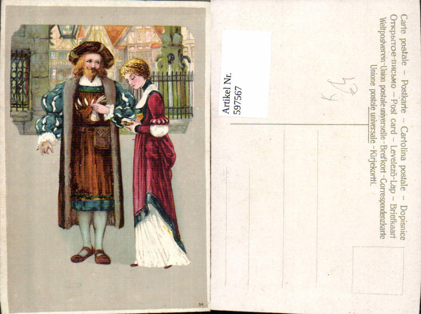 597567,Künstler Ak Paar Frau m. Buch i. d. Hand Mode Mittelalter