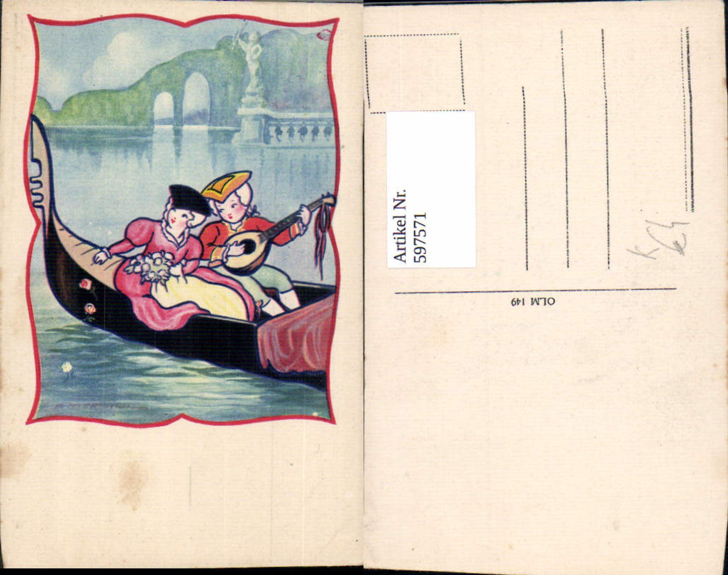 597571,Künstler Ak Paar in Gondel Mandoline Liebe Musik