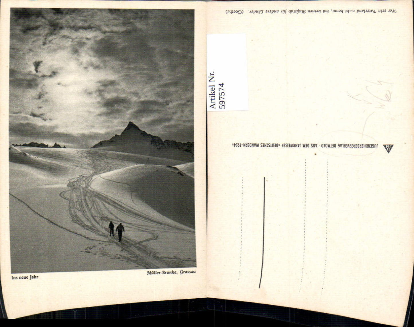 597574,Künstler Ak Müller-Brunke Ins neue Jahr Winterlandschaft Tourengeher pub Jugendherbergsverlag Detmold