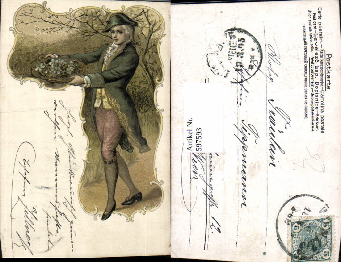 597593,Künstler Litho Mann Schale m. Vergissmeinnicht Blumen