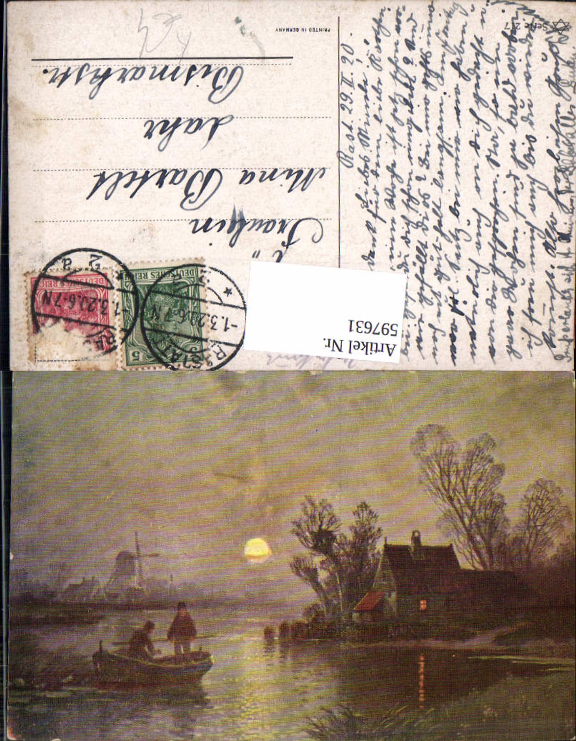 597631,Künstler Ak Fischer Boot Ruderboot Windmühle Mond Landschaft Vollmond