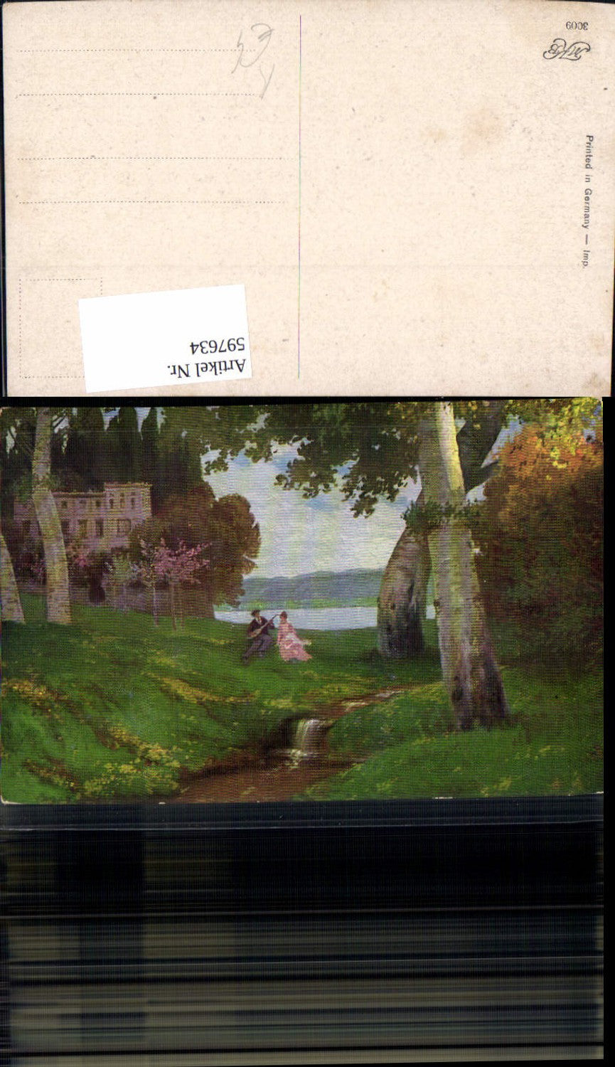 597634,Künstler Ak Paar i. Park Garten Mandoline Landschaft