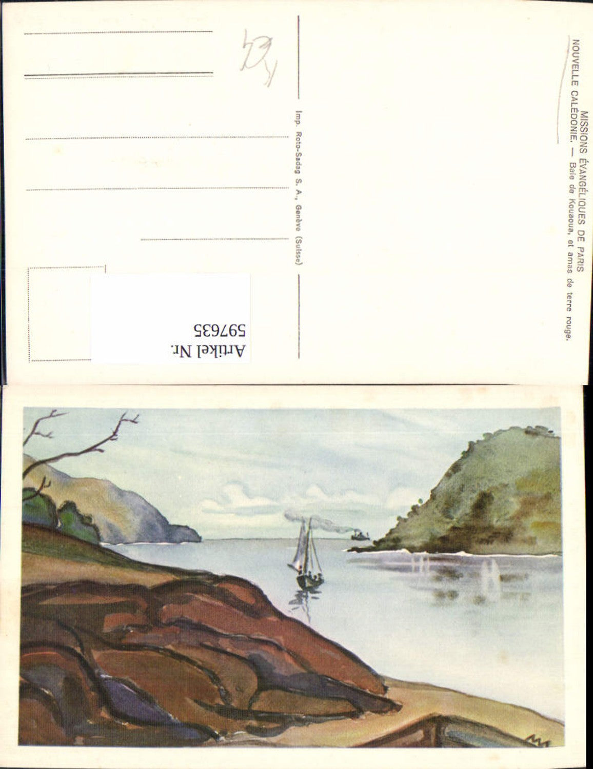 597635,Künstler Ak Caledonie Baie de Kouaoua Segelboot Landschaft