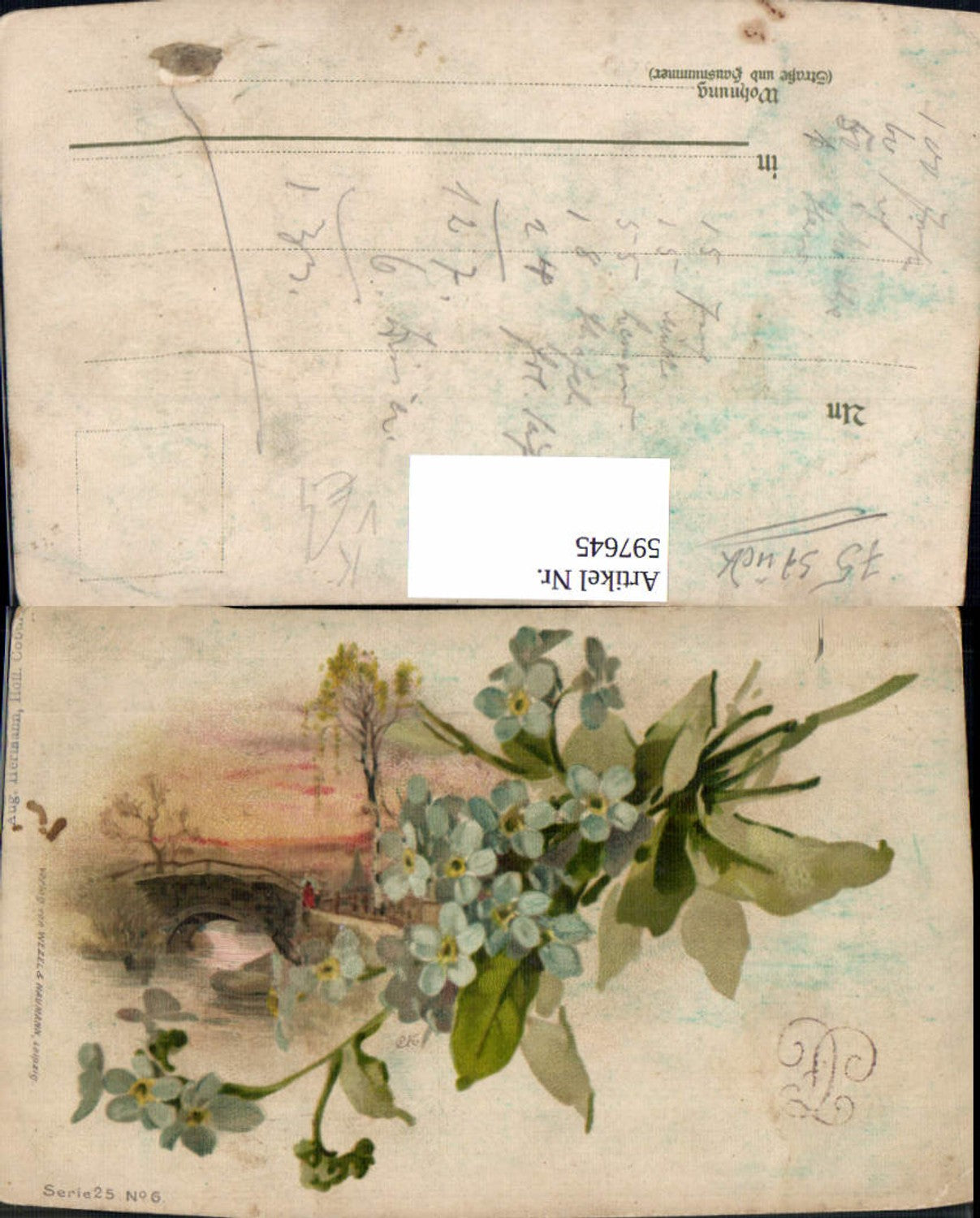 597645,Künstler Litho Brücke Vergissmeinnicht Blumen pub Wezel & Naumann 25/6