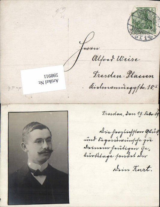 598911,tolle Foto-AK Dresden Mann Portrait Bart Brille Schnurrbart 1909