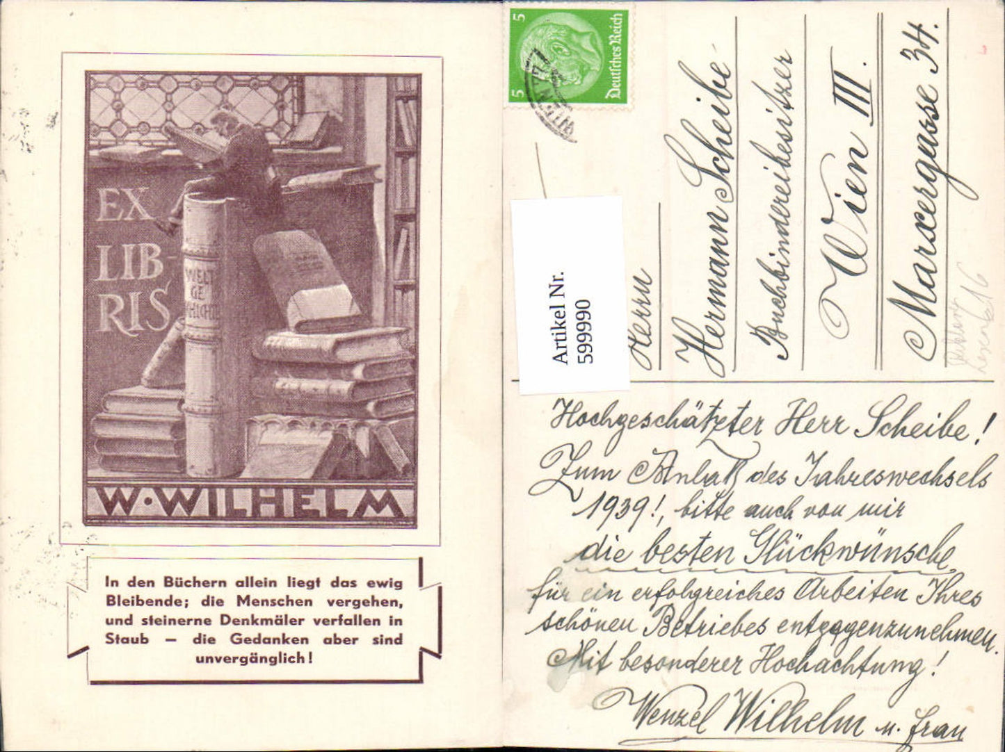 599990,Lesen Mann sitzt a. Buch Bücher Exlibris Spruch W. Wilhelm Reklame