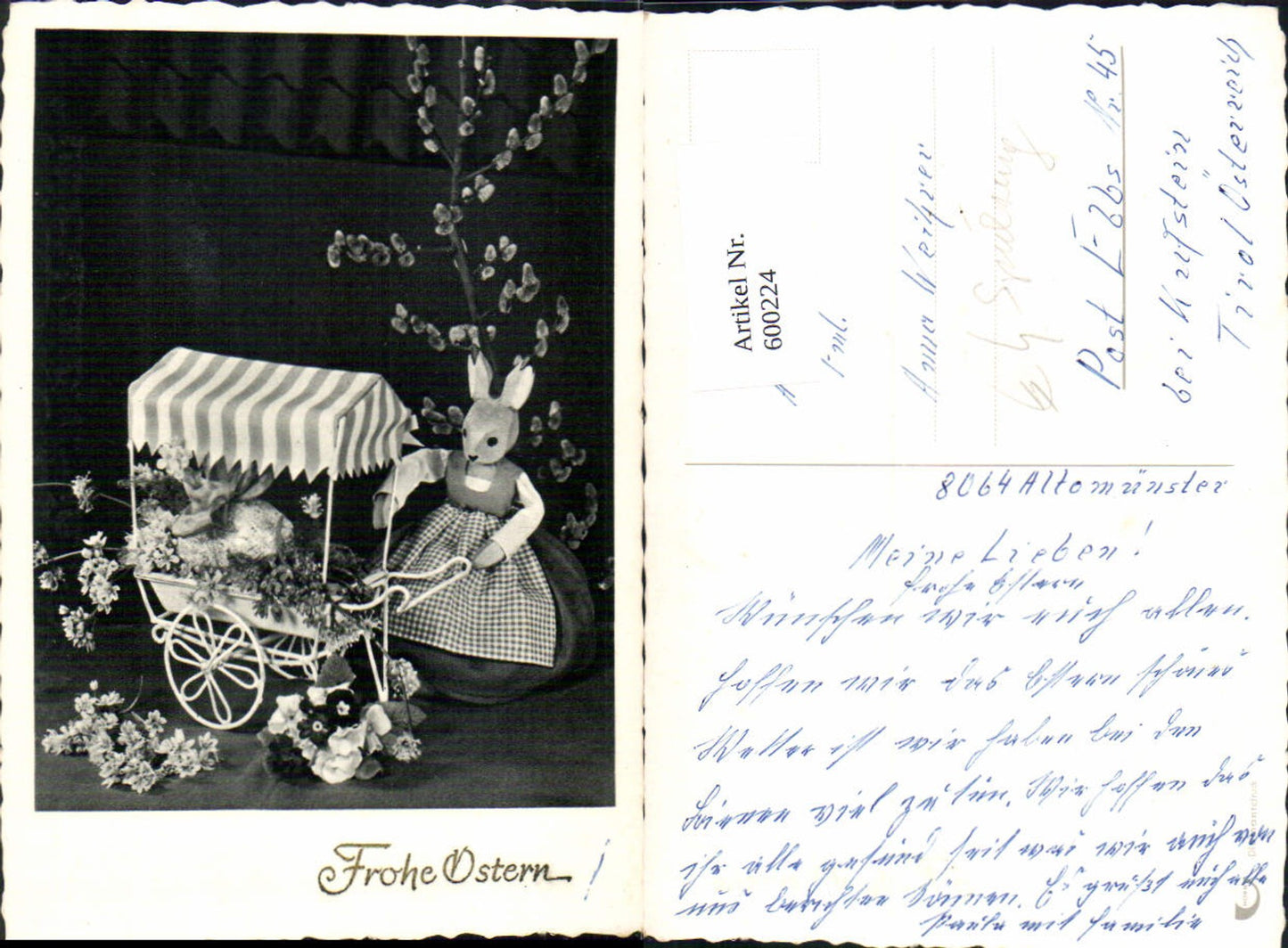 600224,Foto Ak Puppe Hasenpuppe m. Wagen Osterei Ostern Spielzeug