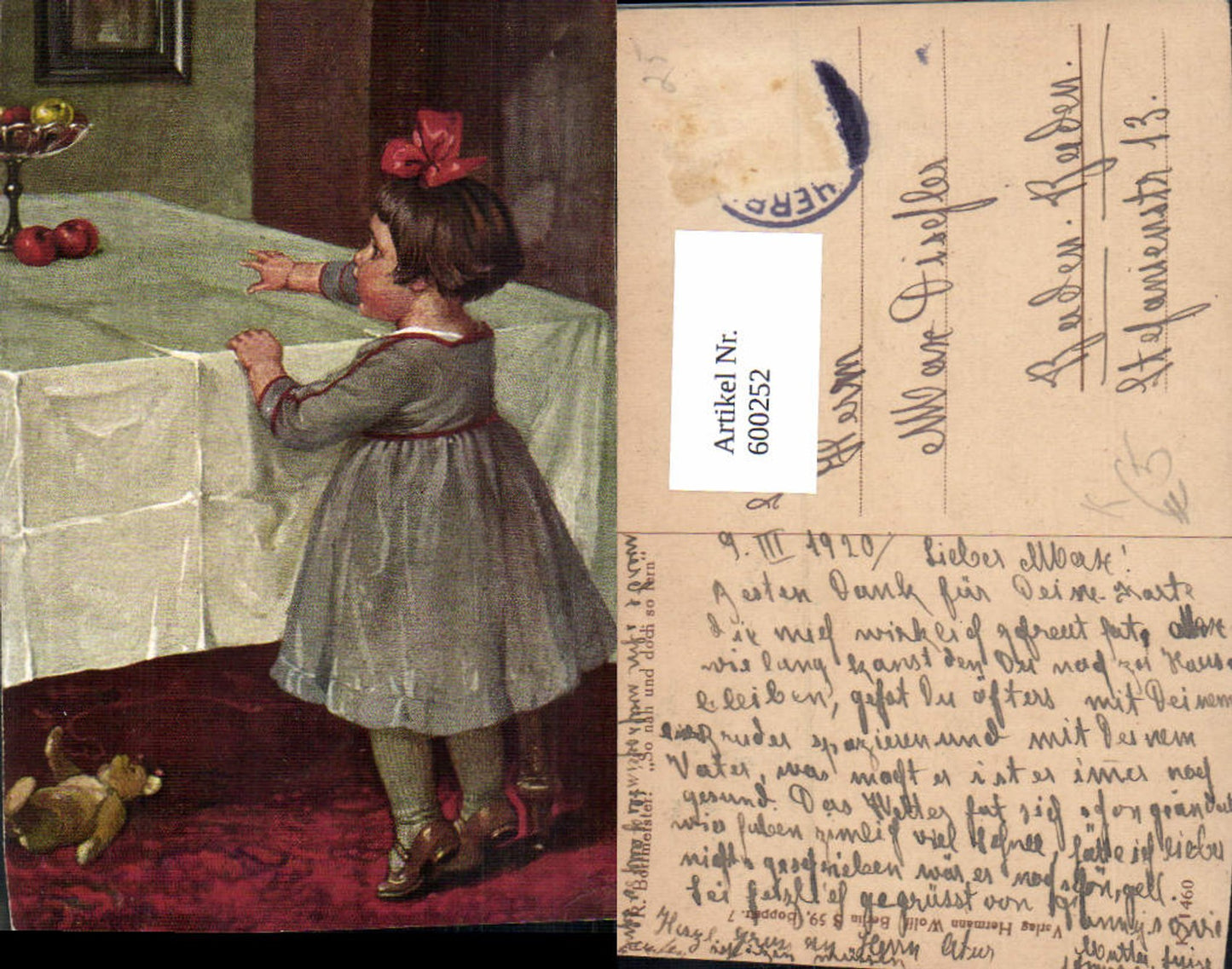 600252,Künstler Ak R. Borrmeister So nah u. Doch so fern Mädchen m. Teddy