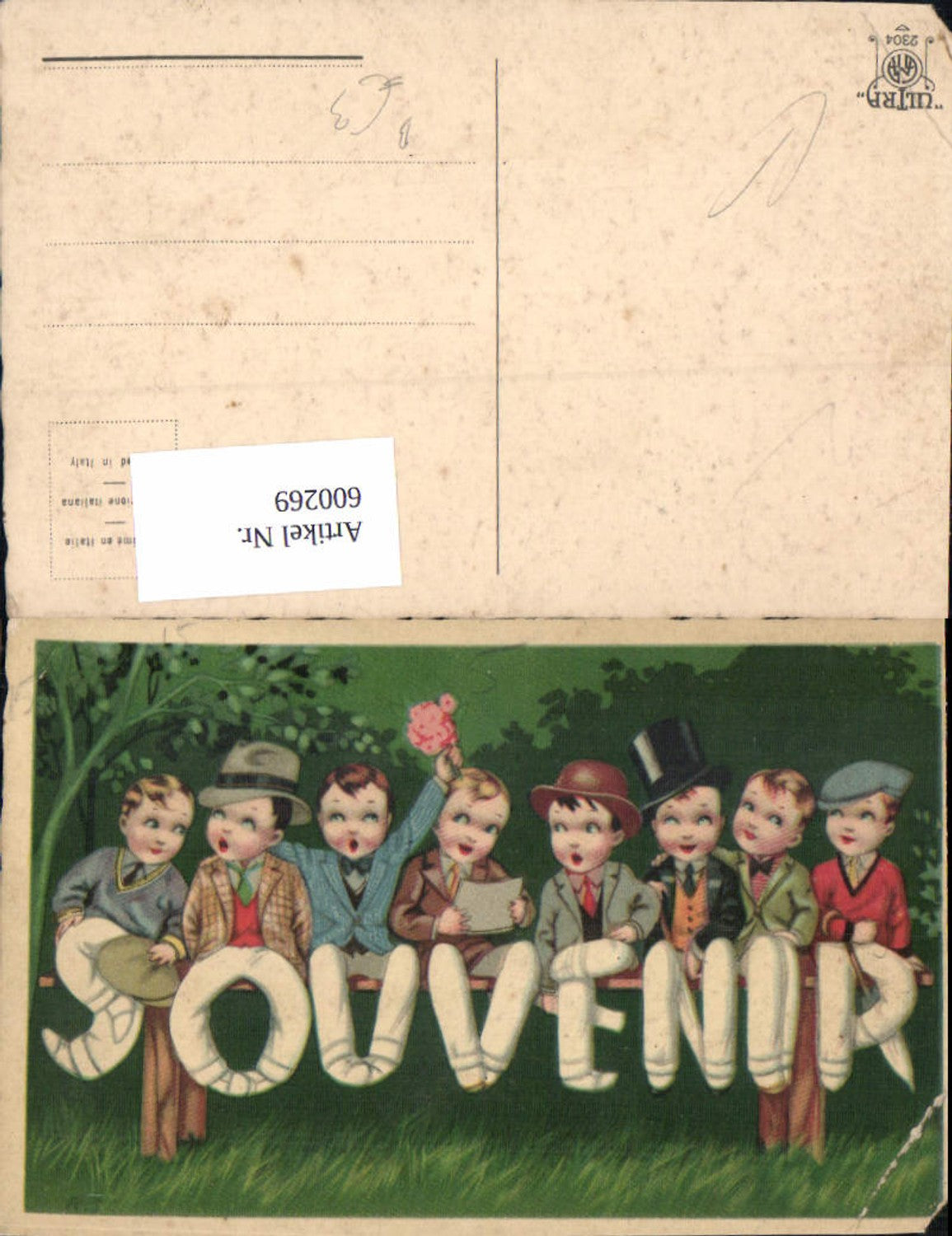 600269,Künstler Ak Kind Kinder m. Hut Blumen Souvenir
