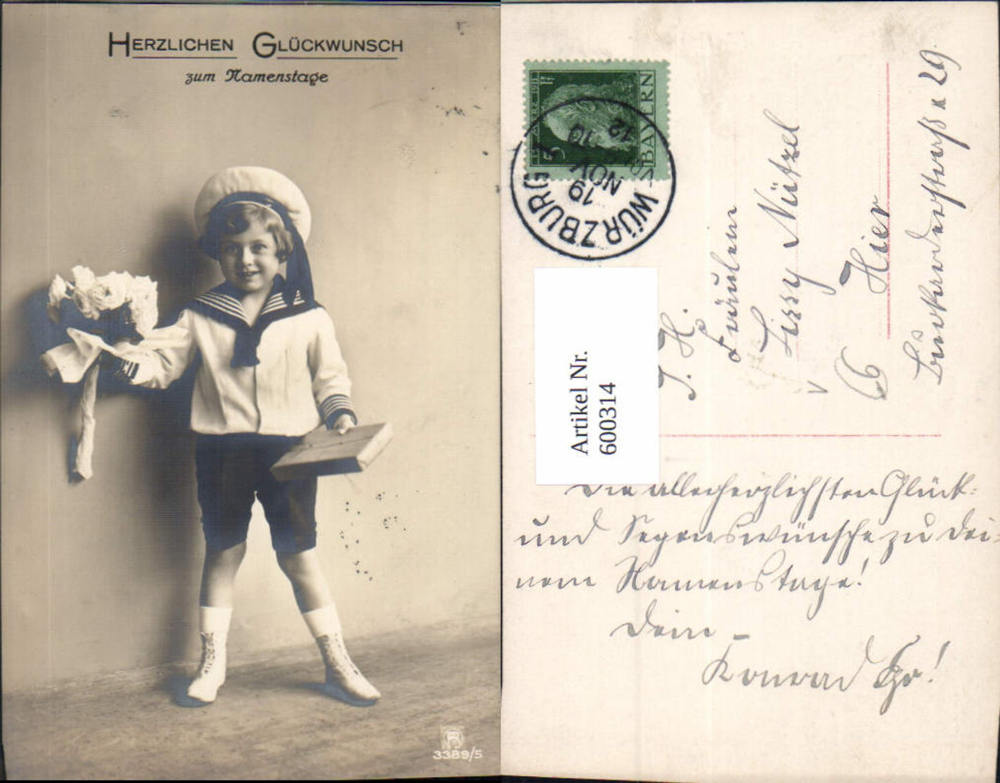 600314,Kind Bub Junge Matrosenanzug Geschenk Rosen Blumen Namenstag pub RPH 3389/5