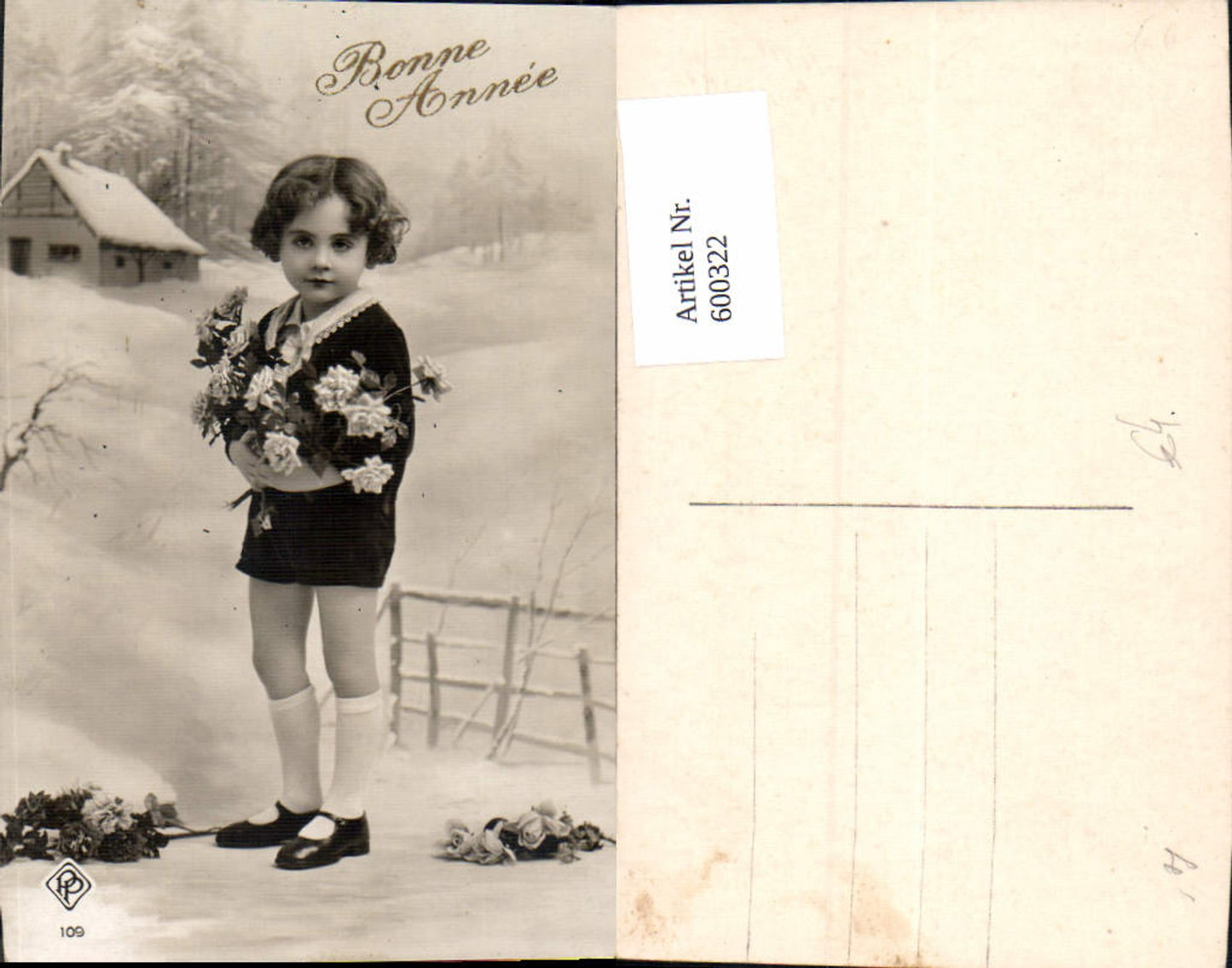 600322,Foto Ak Kind Lockenkopf m. Blumen Rosen Bonne Annee
