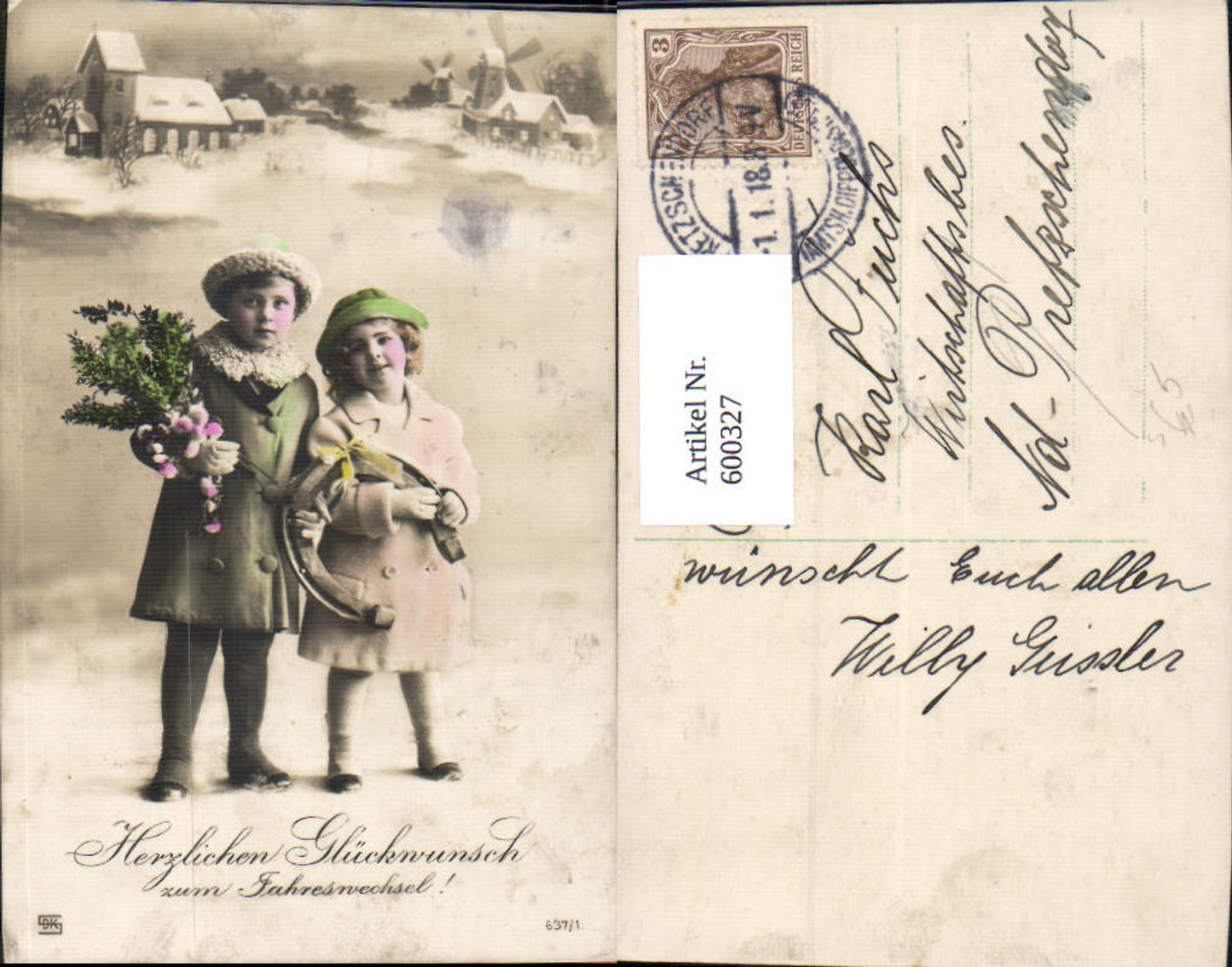 600327,Kind Kinder Blumen Hufeisen Neujahr Stempel Pretzschendorf