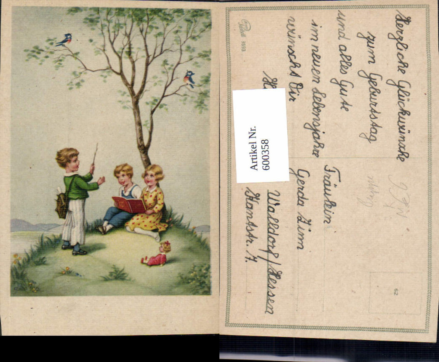 600358,Künstler Ak Kind Kinder Singen Lesen Baum Vögel Puppe