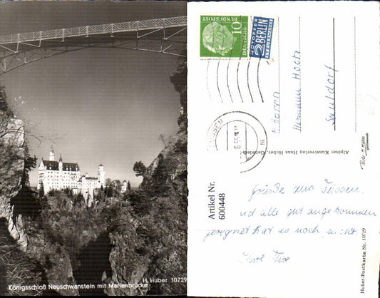 600448,Foto Ak Schloss Neuschwanstein m. Marienbrücke Brücke Schwangau pub H. Huber 10729