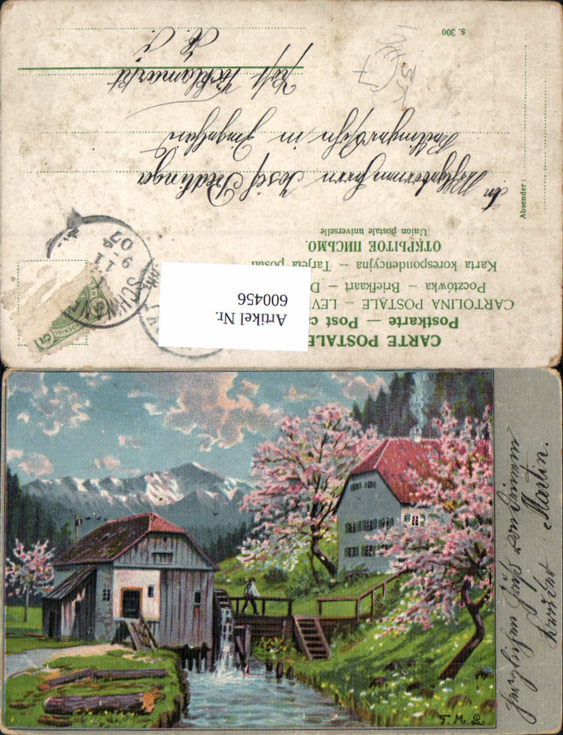 600456,Künstler Ak Wassermühle Landschaft Baumblüte