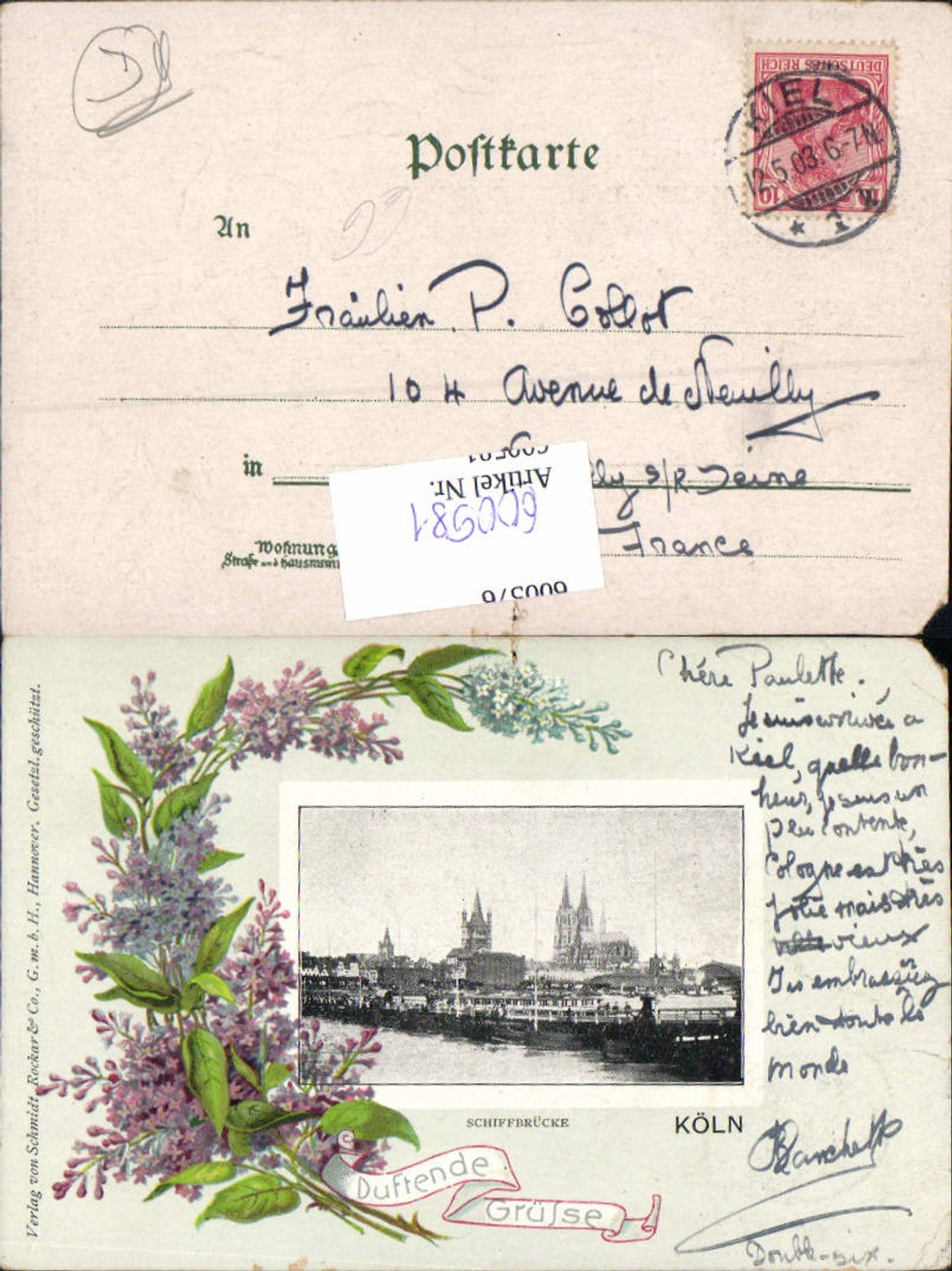600581,Duftende Grüße Präge Lithographie Köln am Rhein Schifferbrücke Duft AK