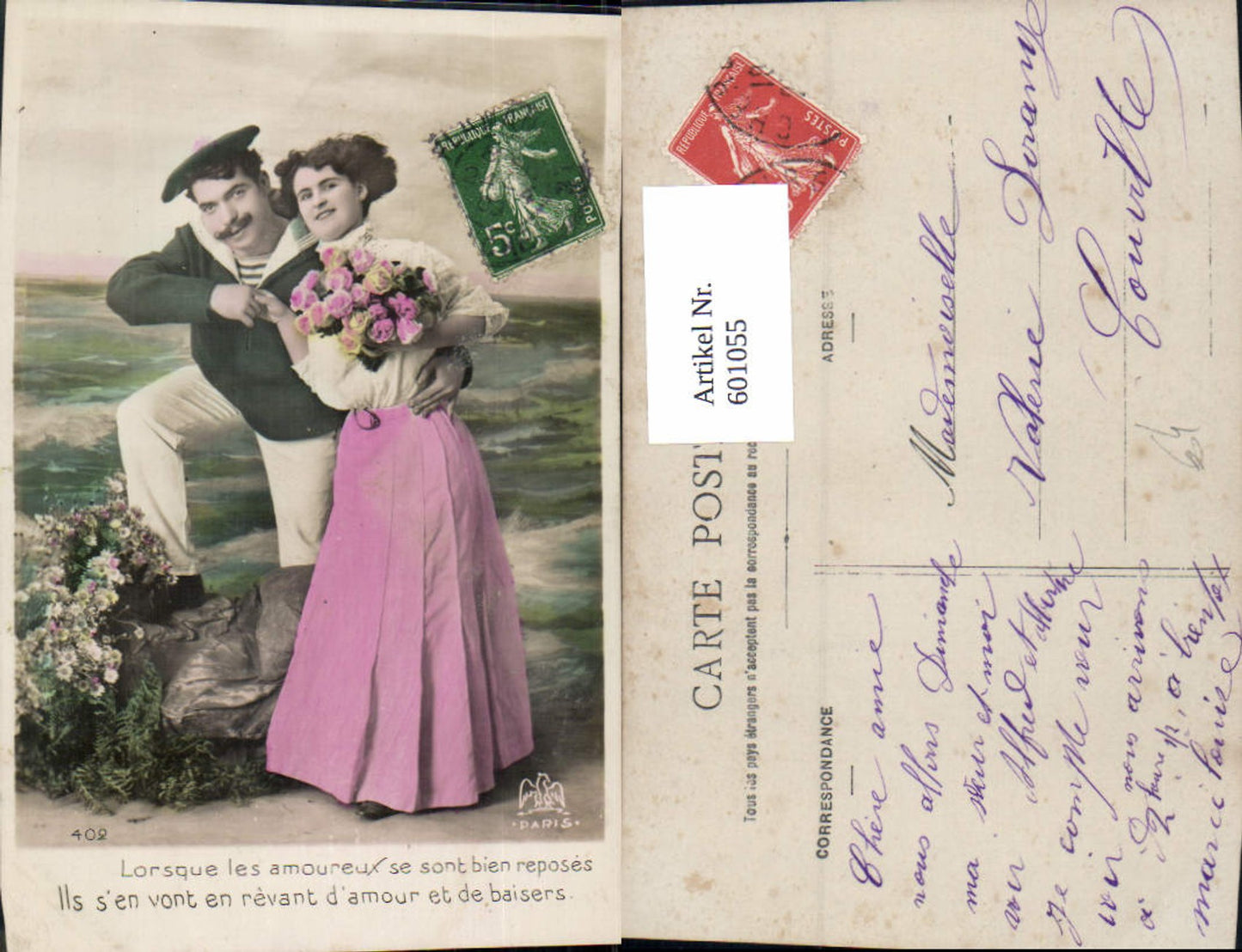 601055,Paar Liebe Matrose Umarmung Blumen Rosen Spruch Text