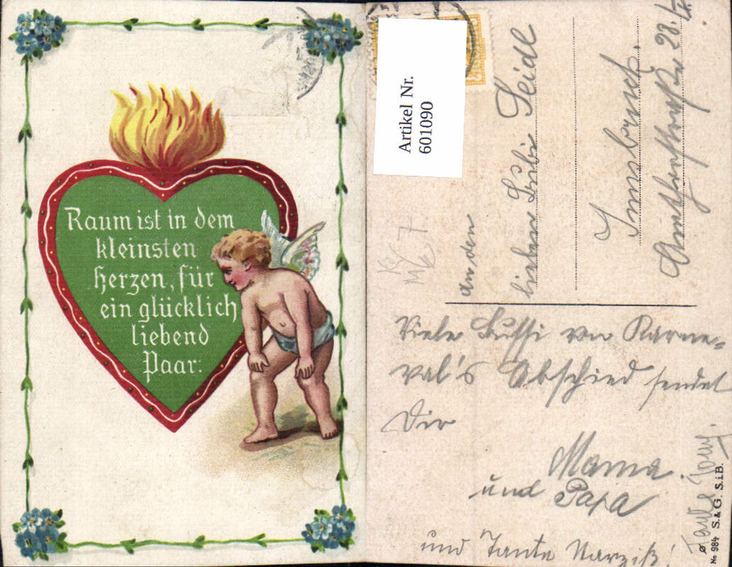 601090,Künstler Ak Paar Liebe Amor Engel Herz Flammendes Herz Spruch