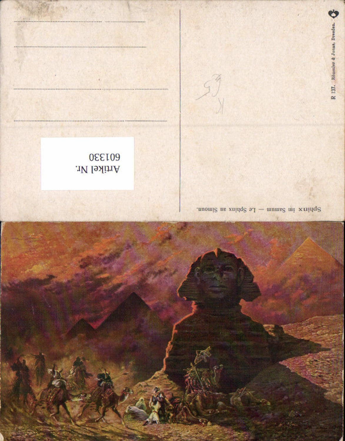 601330,Egypt F. Perlberg Gizeh Sphinx Kairo Cairo im Samum Simoun pub Römmler & Jonas R 137