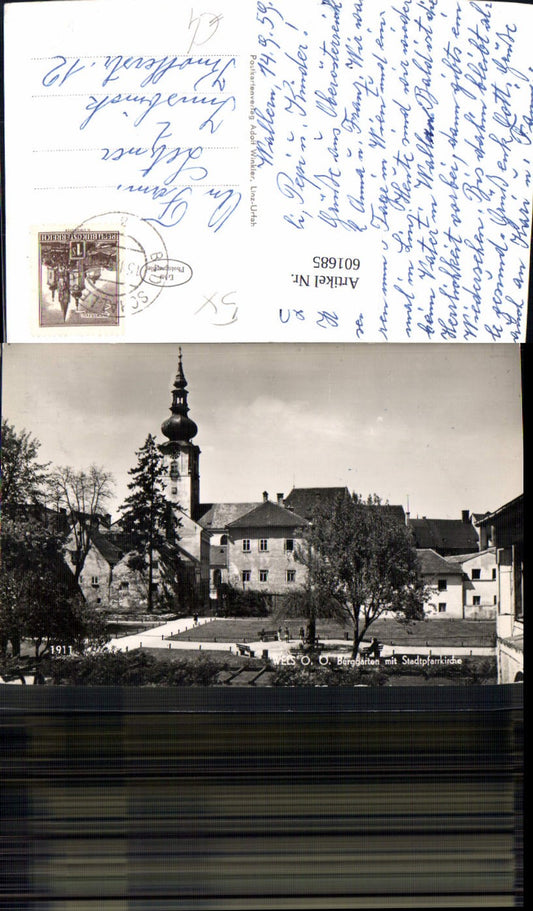 601685,Foto Ak Wels Burggarten m. Stadtpfarrkirche Kirche
