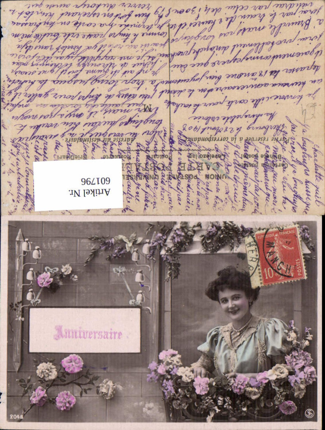 601796,Frau Perlenkette i. Fenster Blumen Anniversaire