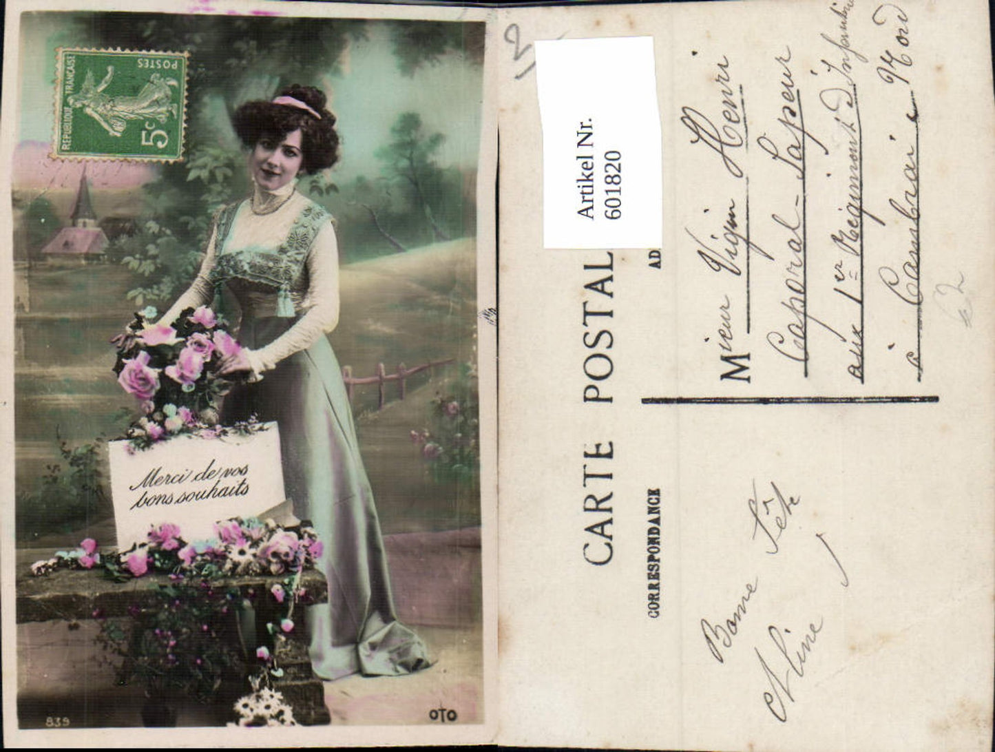 601820,Foto Ak Frau Haarband Blumen Merci de vos ons souhaits