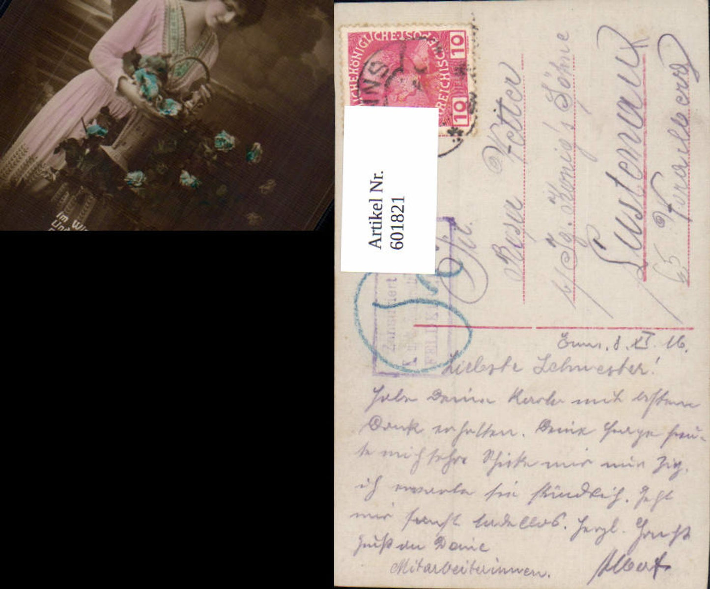 601821,Fotomontage Frau Korb Blumen Engel Frieden Text