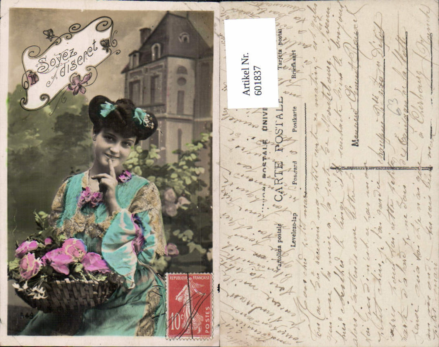 601837,Frau Haarband Korb m. Rosen Blumen Soyez discret