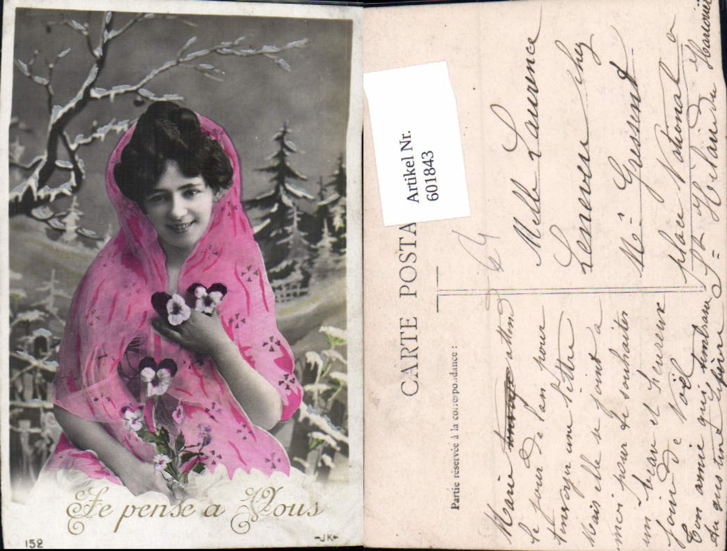 601843,Frau Schleier Kopftuch Stiefmütterchen Blumen Le pense a Vous