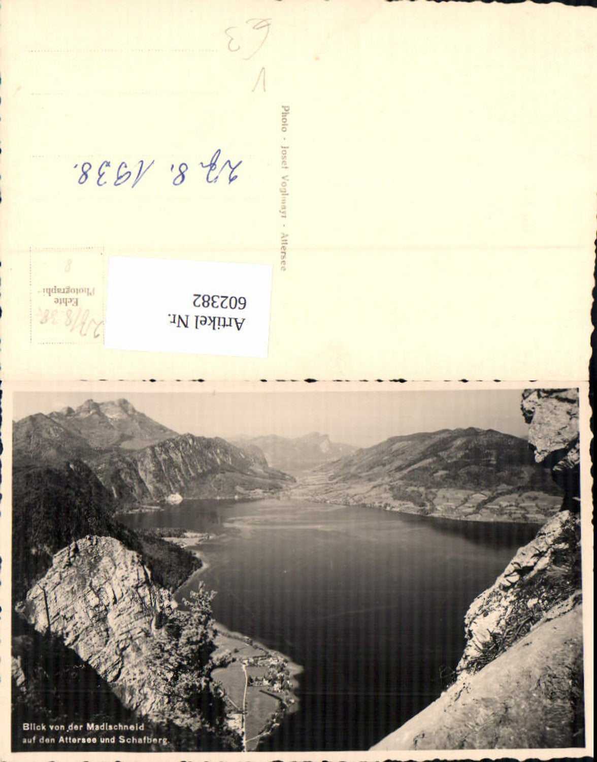 602382,Foto Ak Blick v. Madlschneid a. d. Attersee u. Schafberg pub Josef Voglmayr