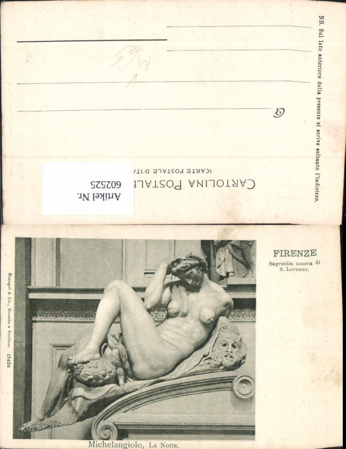 602525,Firenze Florenz Michelangiolo La Notte Figur Frau Akt Skulptur pub Stengel Co 13430