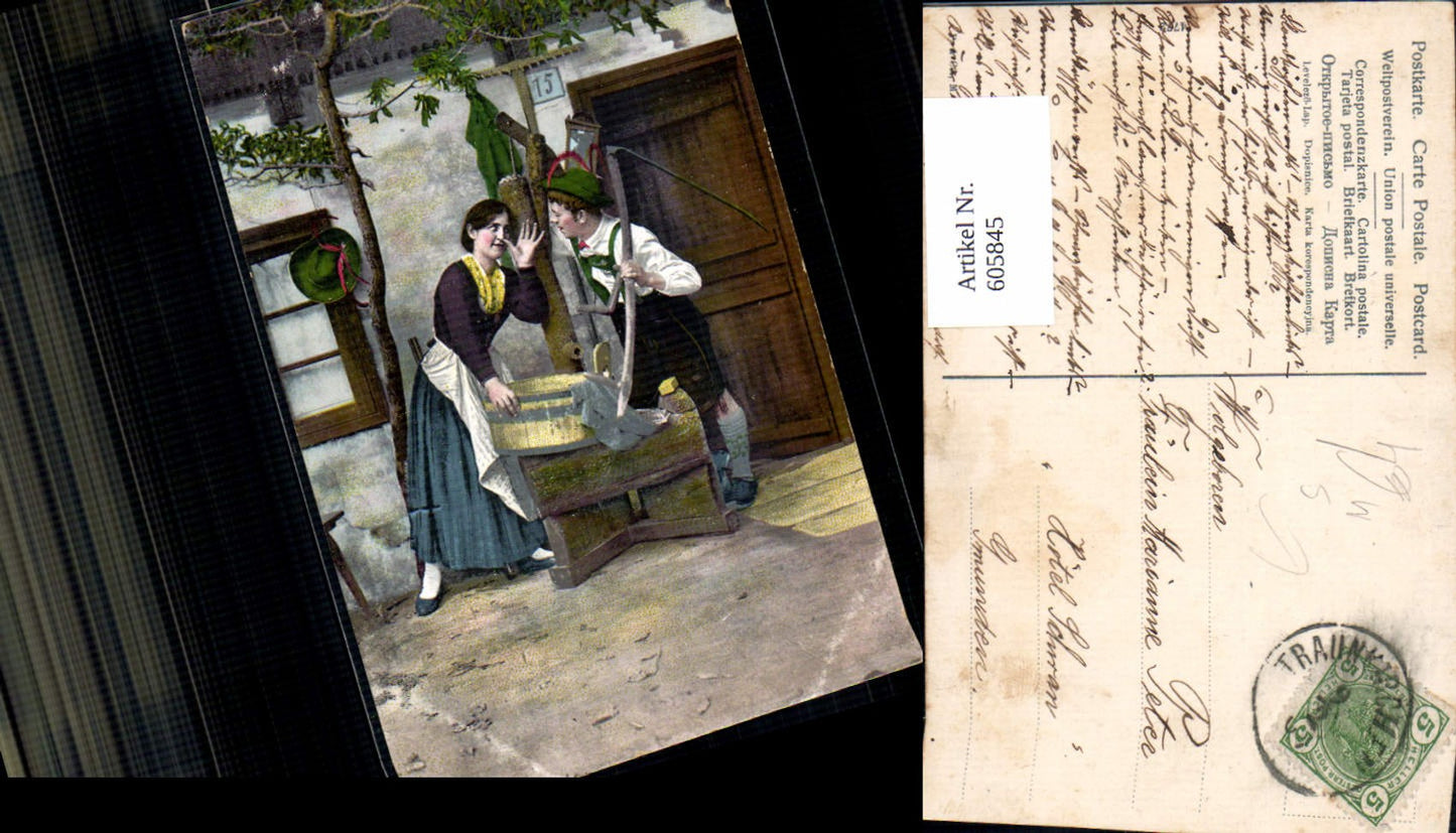 605845,Stempel Traunkirchen Paar Tracht v. Bauernhaus Sense Landwirtschaft