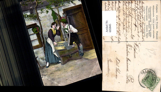 605845,Stempel Traunkirchen Paar Tracht v. Bauernhaus Sense Landwirtschaft