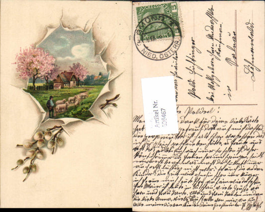 606467, Lithograph Shepherd Sheep Palm Branch Easter Stp. Gmünd