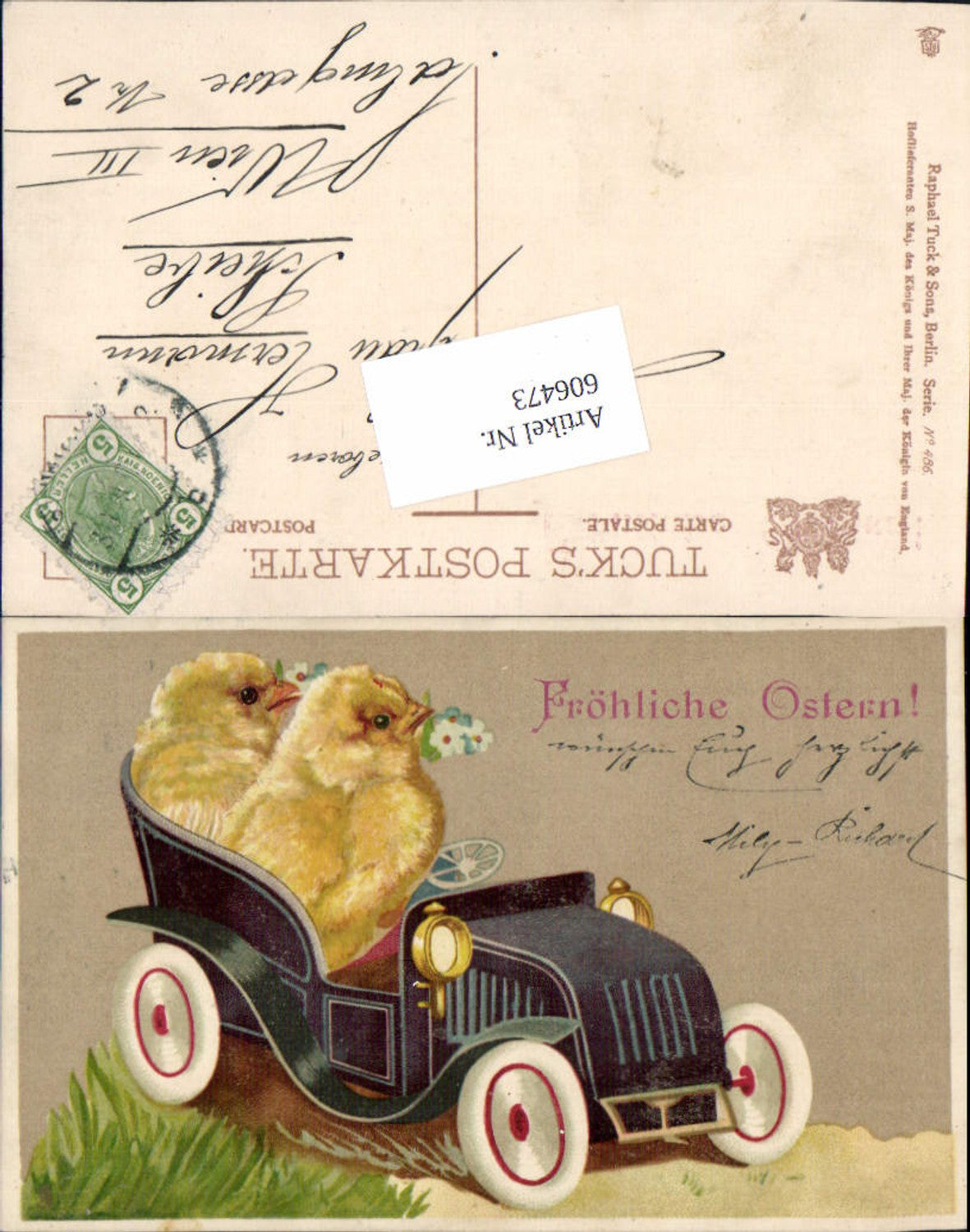 606473, Lithograph Easter anthropomorphized chicks car pub Raphael Tuck 486