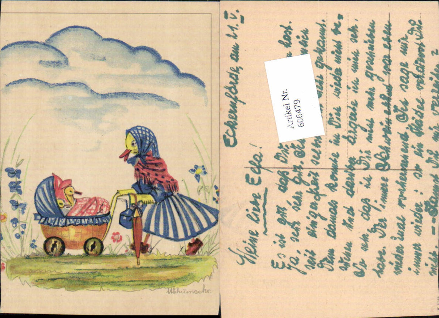 606479,tolle handgemalte Künstler AK handgemalt U. Schumacher vermenschlichte Küken