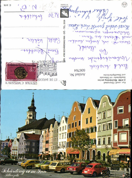 606764,Schärding a. Inn Stadtplatz m. Silberzeile Stadtpfarrkirche VW Golf 1 Käfer