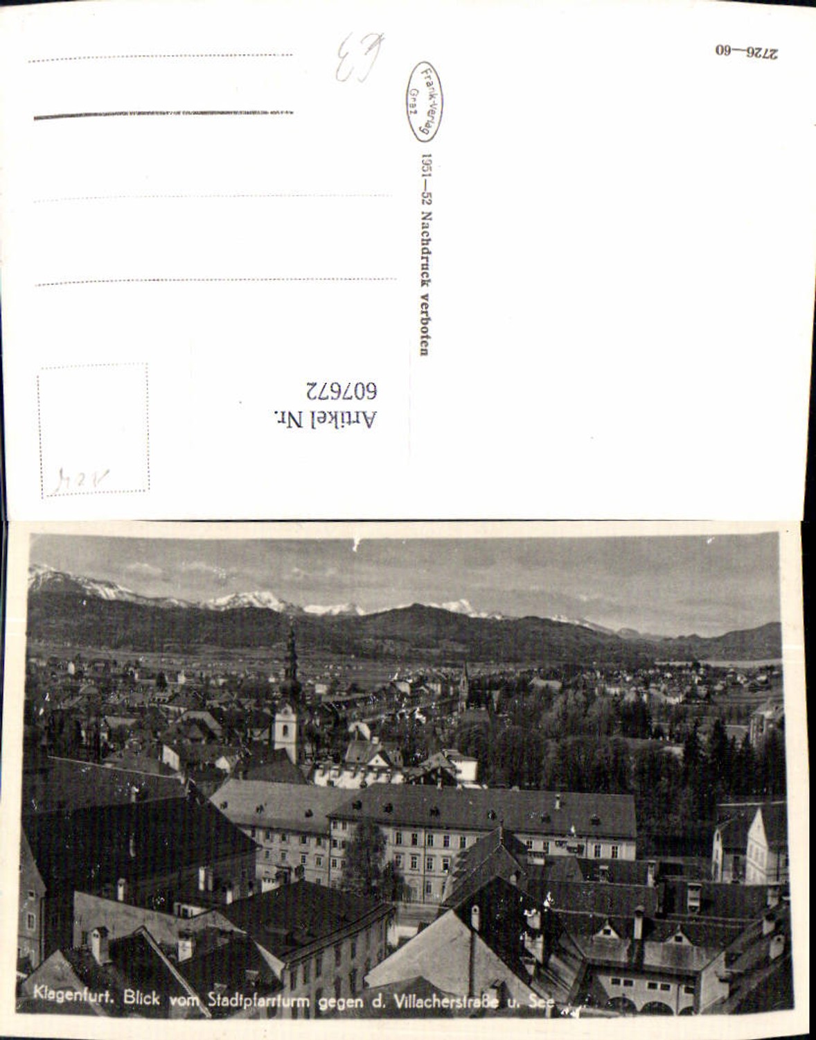 607672,Klagenfurt Blick v. Stadtpfarrturm geg. d. Villacherstraße u. See