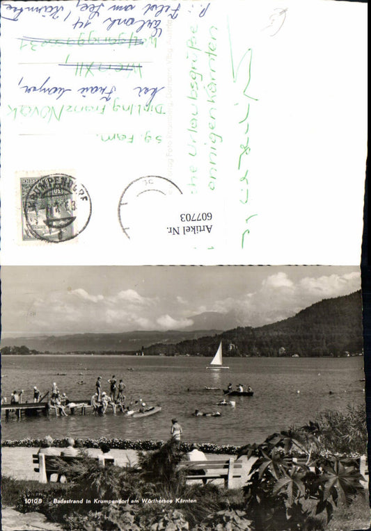 607703,Badestrand i. Krumpendorf a. Wörthersee Strandleben Segelboot Ruderboot Boote