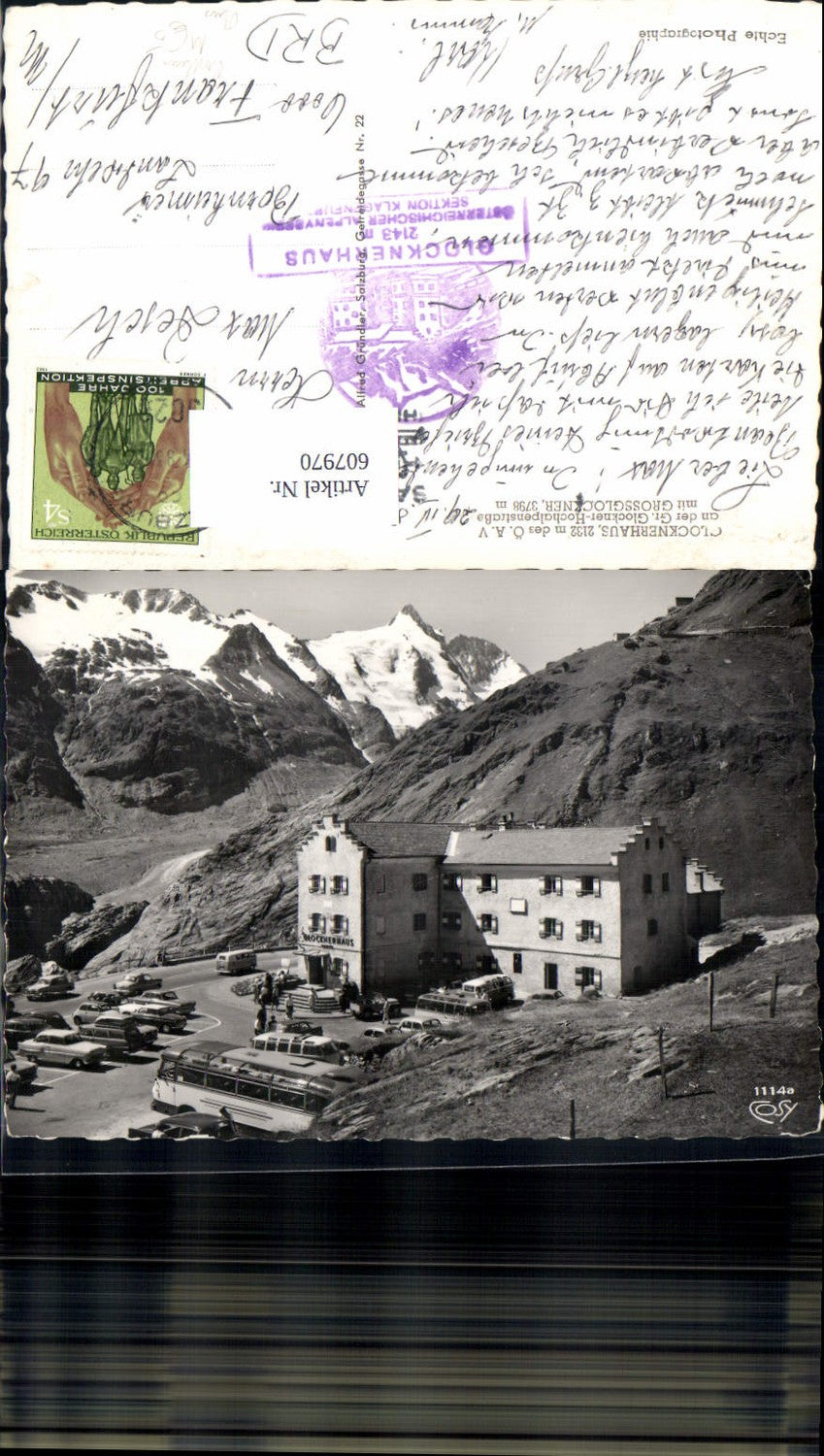607970,Foto Ak Glocknerhaus Hochalpenstraße Heiligenblut a. Großglockner Postbus Bus Reisebus