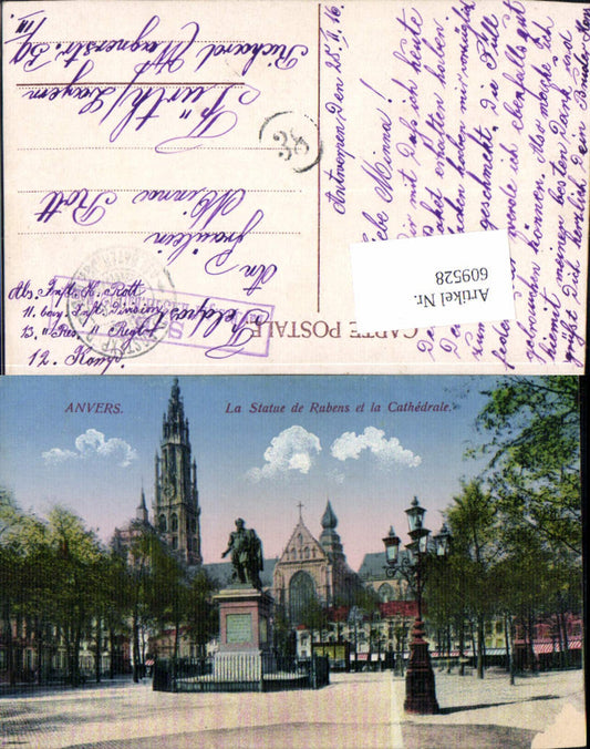 609528, Antwerp, Flanders, La statue Rubens, Cathedral, Feldpost 11th Bavarian Infantry Division