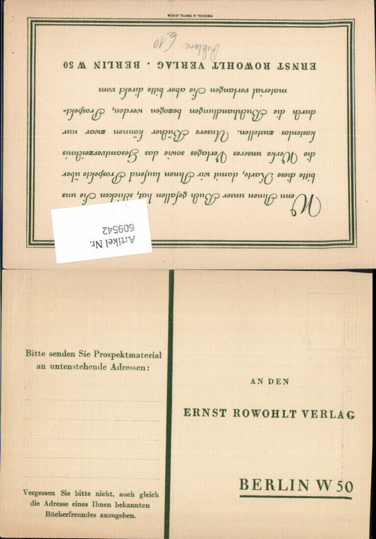 609542,Reklame AK Ernst Rowohlt Verlag Berlin Reklame Postkarte