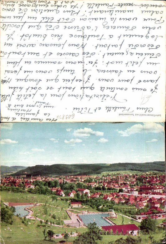 609837, great aerial photograph of Lahr in the Black Forest, outdoor swimming pool, 1965