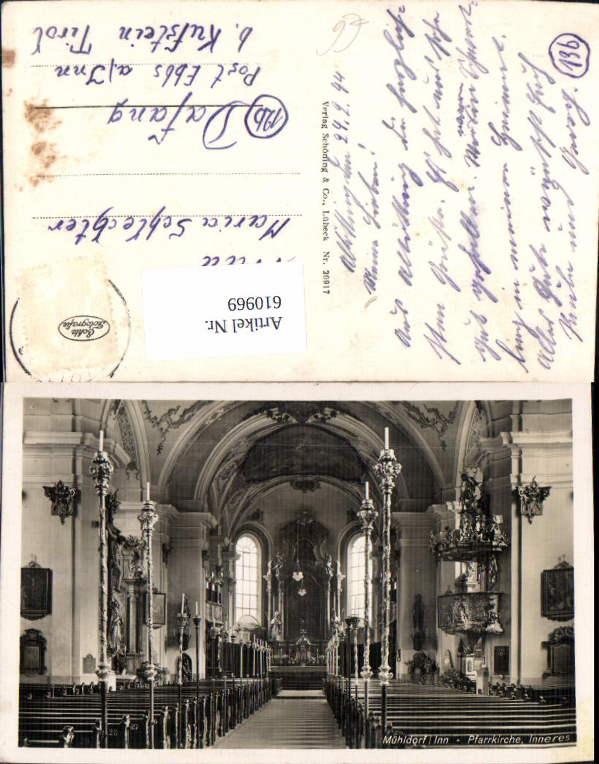 610969, Photo Ak Mühldorf a. Inn Parish Church Interior view of the church