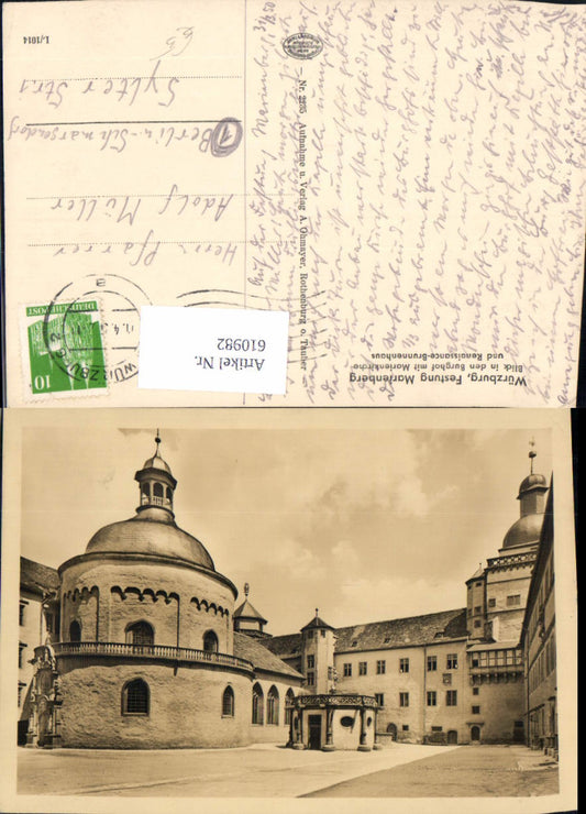 610982, Würzburg Marienberg Fortress View in the castle courtyard with St. Mary's Church and fountain house
