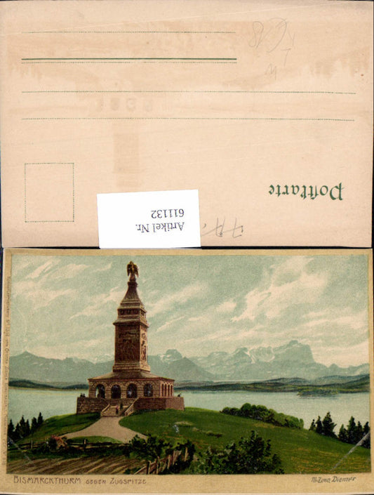 611132,Künstler Lithographie M. Zeno-Diemer Bismarckthurm b. Berg Starnberg pub Zieher 618
